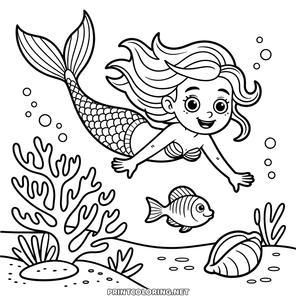 Cute mermaid diving over coral toward a little striped fish, an underwater coloring page