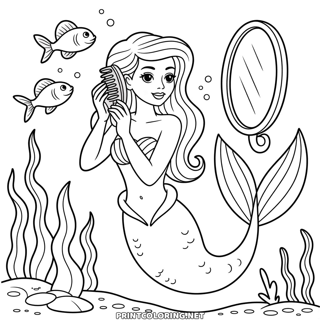Coloring page of a mermaid combing her long hair, a hand mirror and two fish beside her