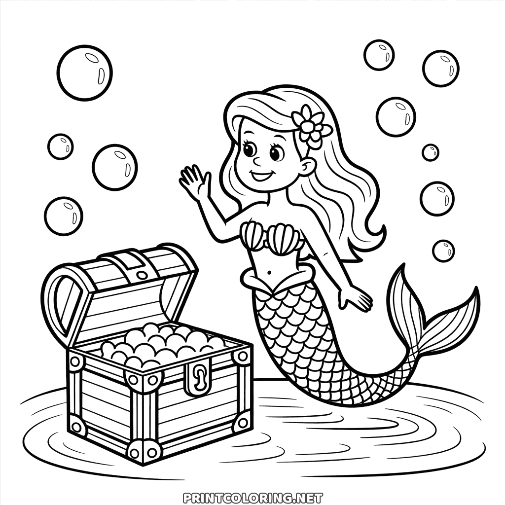 Mermaid with a treasure chest coloring page: a waving mermaid by an open chest of round treasures