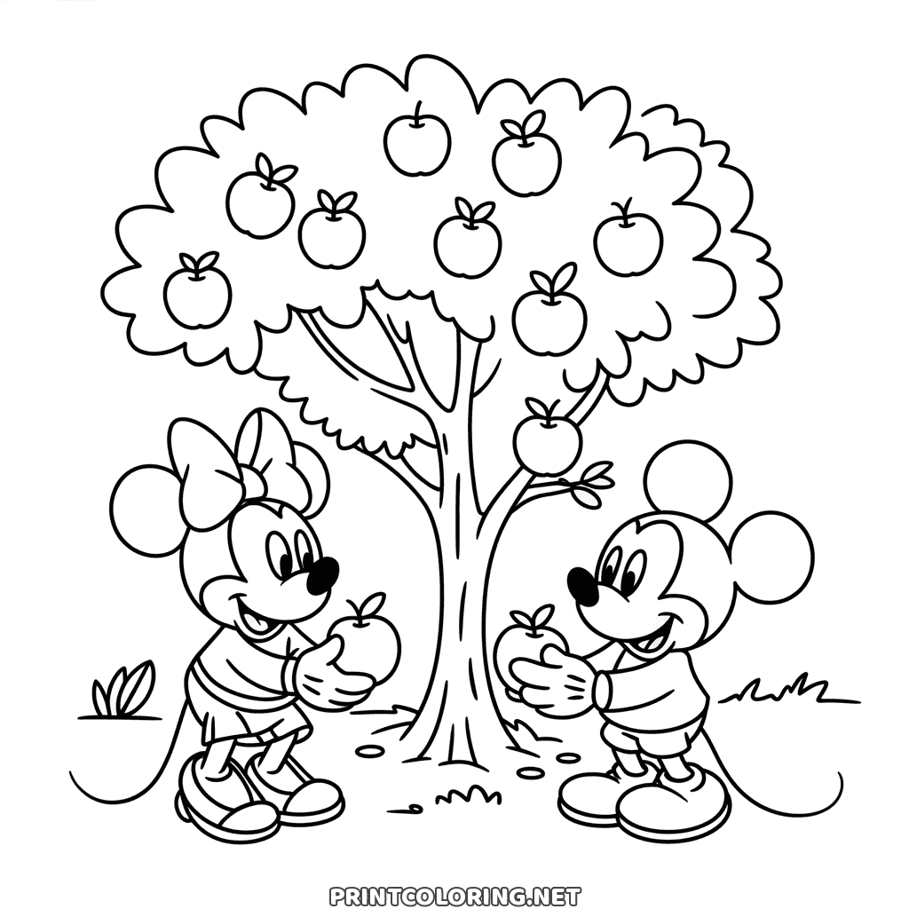 Apple picking coloring page for fall: Mickey and Minnie holding apples under a tree