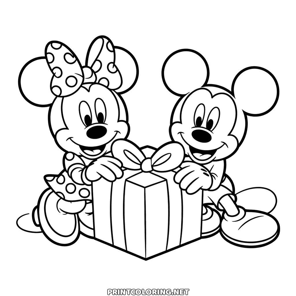 Mickey and Minnie Christmas coloring page: the two of them either side of a big gift