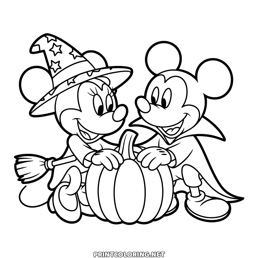 Minnie in a witch hat and Mickey in a vampire cape at a carved pumpkin, Halloween page to color in