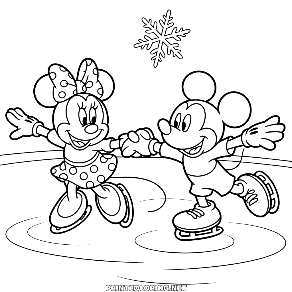 Mickey and Minnie winter coloring page: the pair ice skating hand in hand on a frozen pond