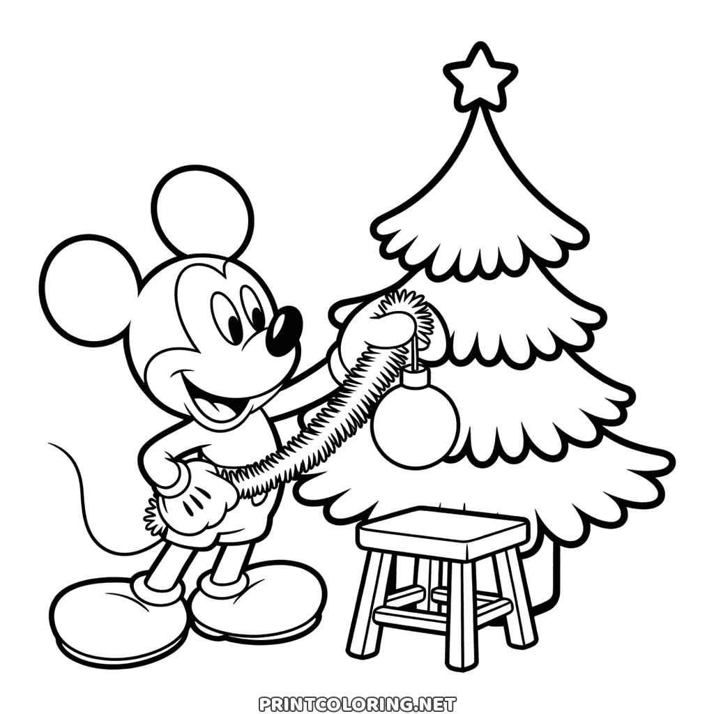 Micky an Weihnachten Ausmalbild: er legt eine dicke Girlande über den Baum