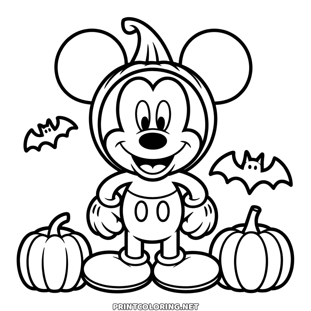 Mickey Mouse dressed as a Halloween pumpkin, bats overhead, printable sheet to color in