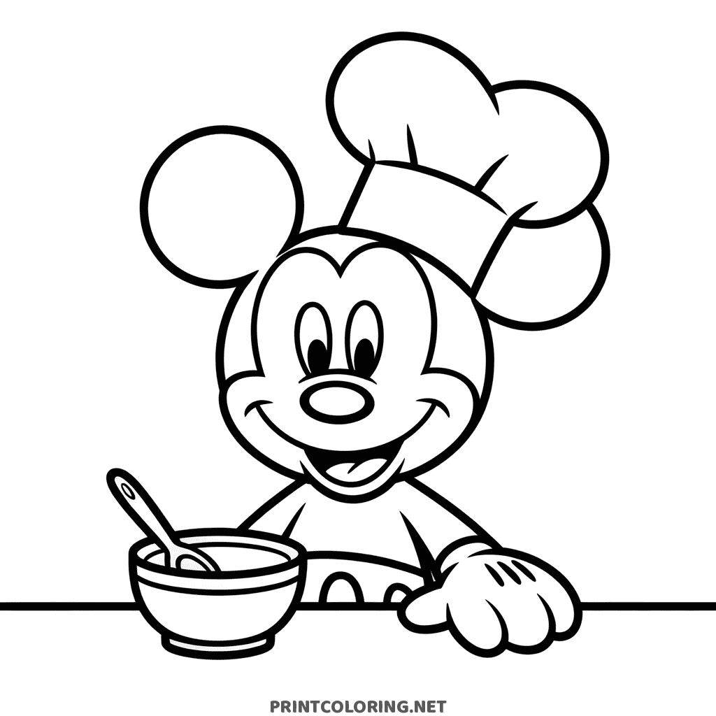 Mickey Mouse coloring page wearing a chef hat and stirring a mixing bowl