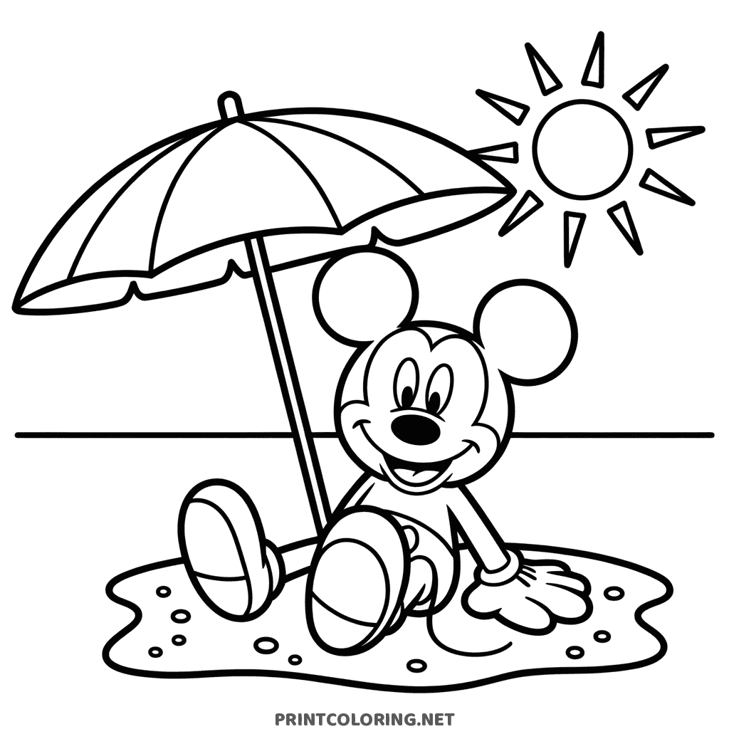 Mickey Mouse coloring page at the beach, sitting under a striped umbrella with the sun shining