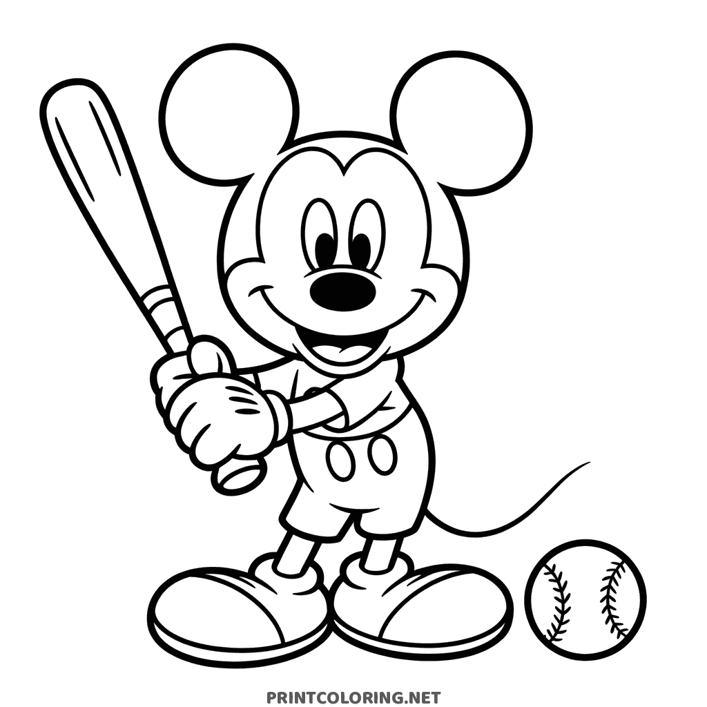 Mickey Mouse coloring page swinging a baseball bat next to a baseball