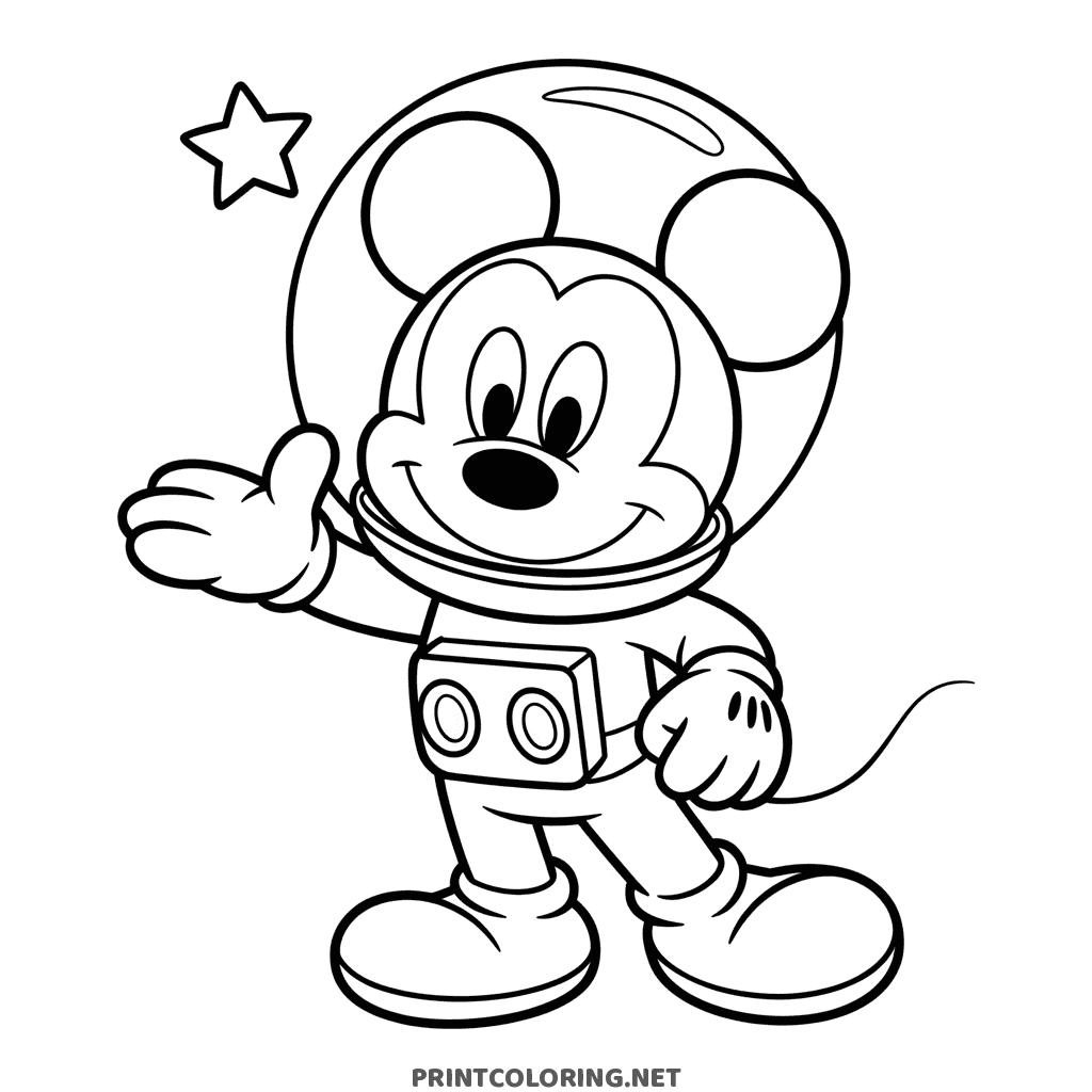 Mickey Mouse astronaut coloring page wearing a space helmet and waving next to a star