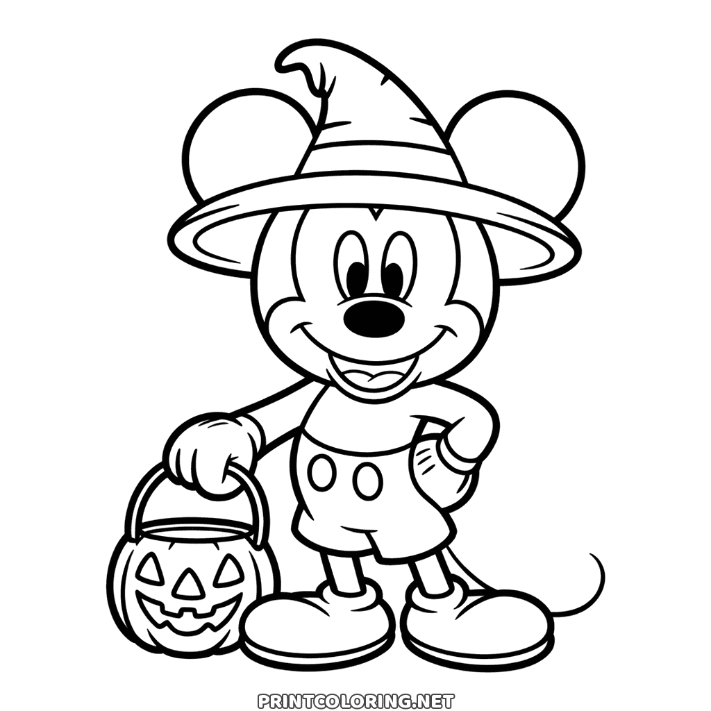 Mickey Mouse in a witch hat carrying a carved pumpkin pail, simple Halloween page to color