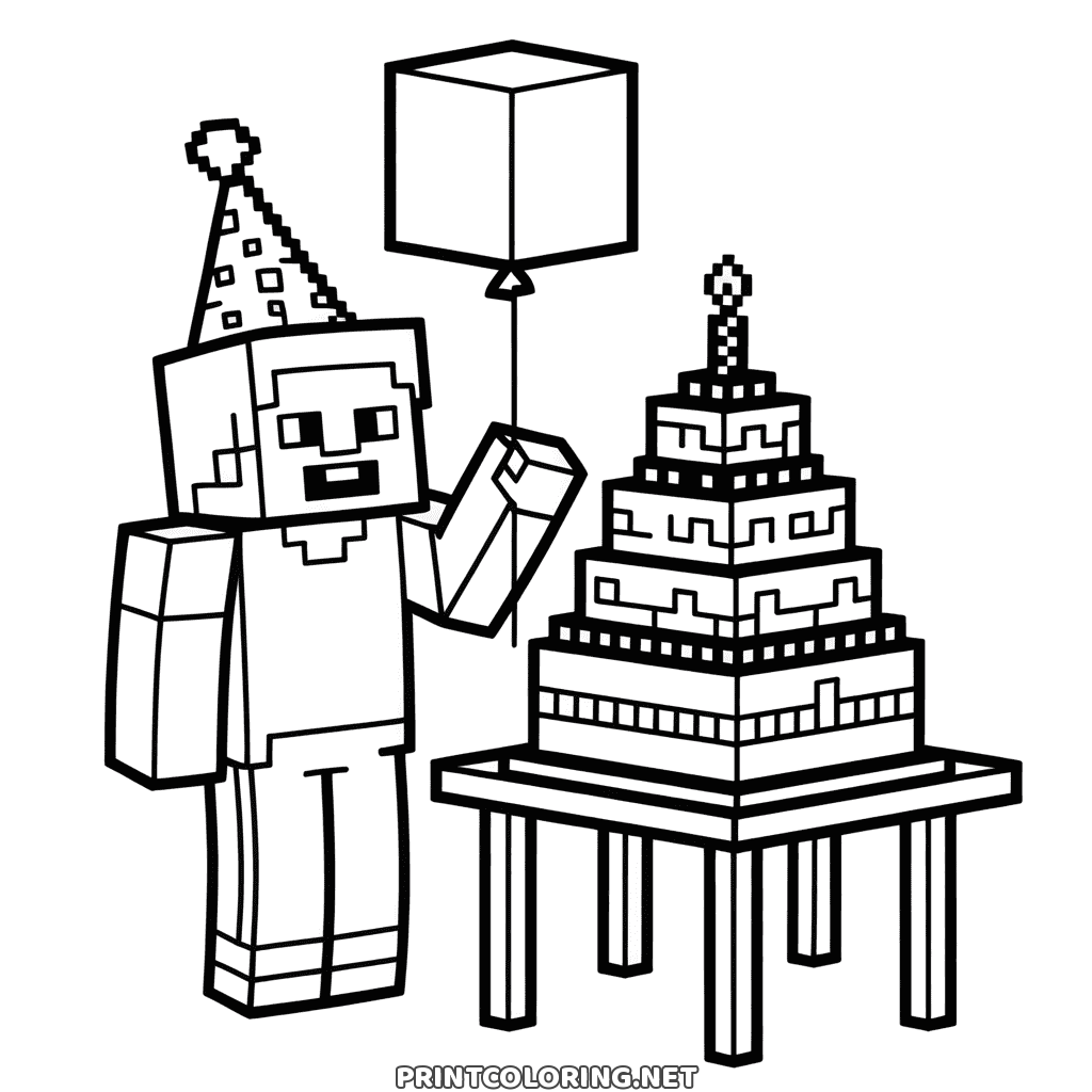 Minecraft birthday coloring page: Steve in a party hat with a square balloon and a tiered cake