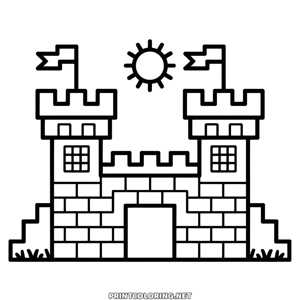 Minecraft castle coloring page: a block castle with two flag towers and a big gate