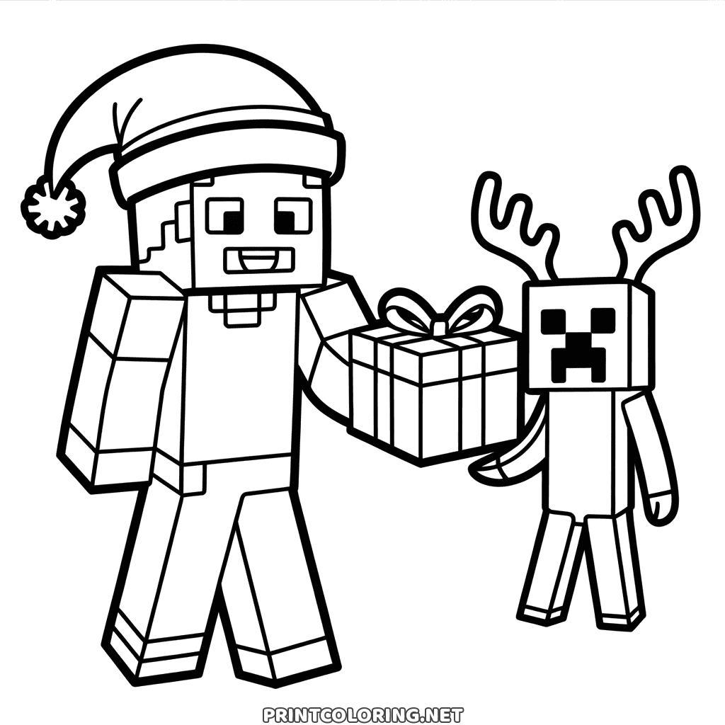 Minecraft Christmas coloring page: Steve in a Santa hat giving a present to a Creeper with antlers