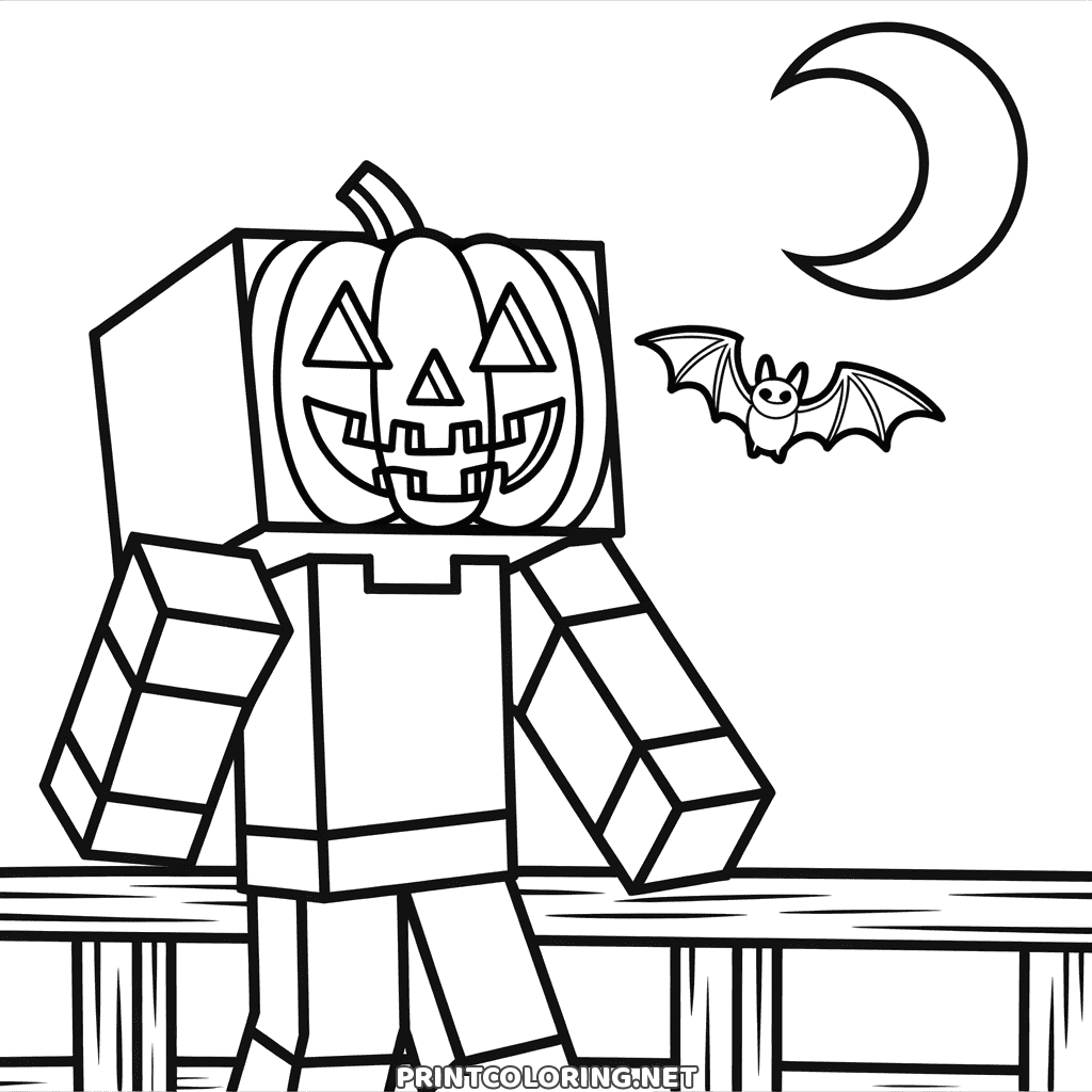 Minecraft Halloween coloring page: a player wearing a carved pumpkin head under the moon