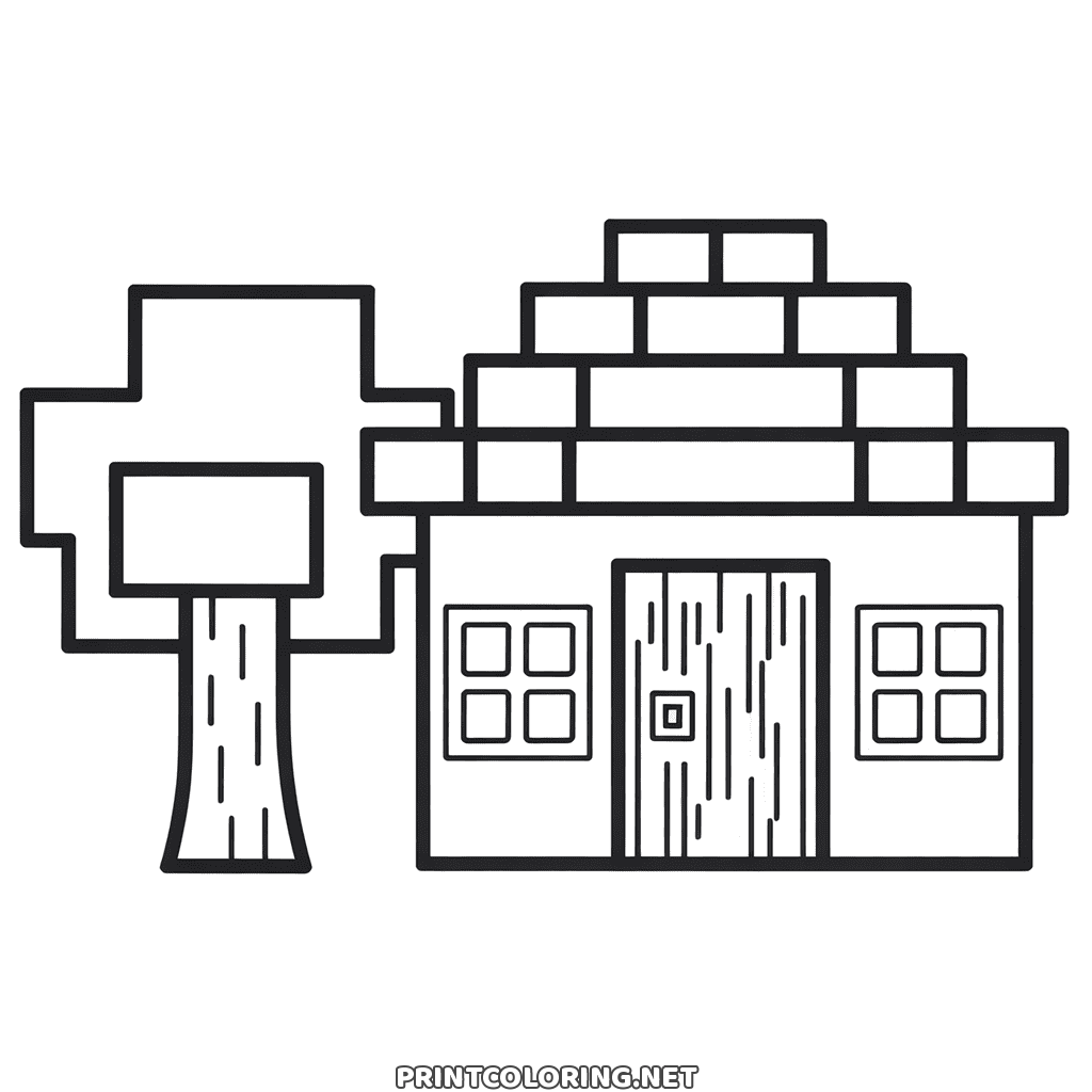 Minecraft house coloring page: a small block house with two windows next to a square tree