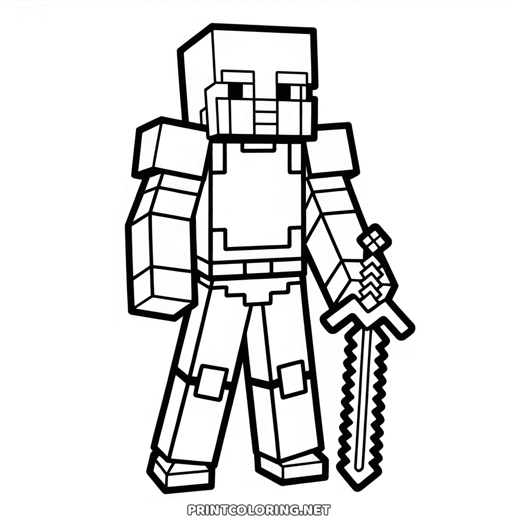 Minecraft warrior coloring page: a player in full plate armour holding a long jagged sword