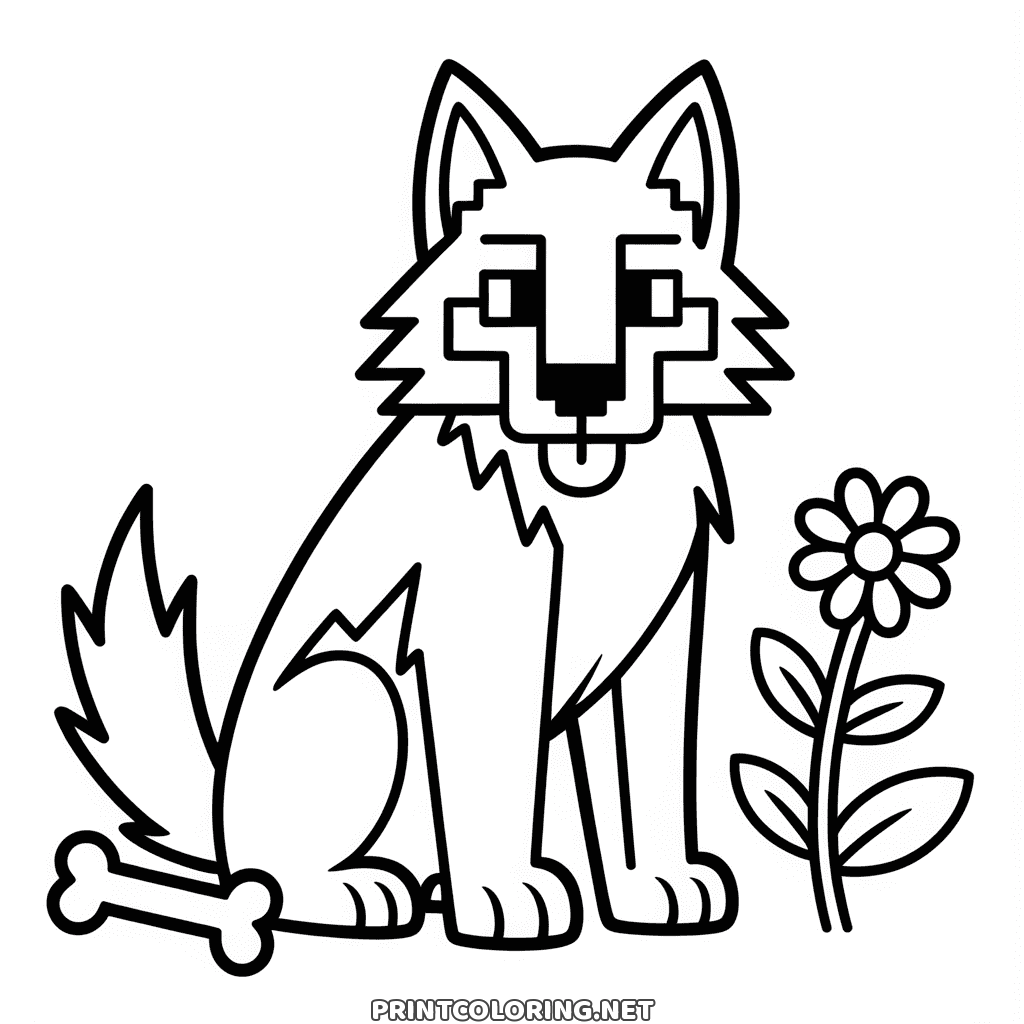 Minecraft wolf coloring page: a blocky wolf sitting with its tongue out, a bone at its feet