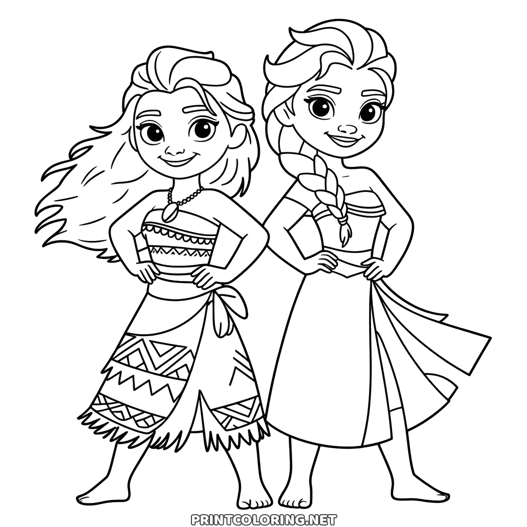 Vaiana und Elsa Ausmalbild: zwei Disney Prinzessinnen nebeneinander, Hände in den Hüften