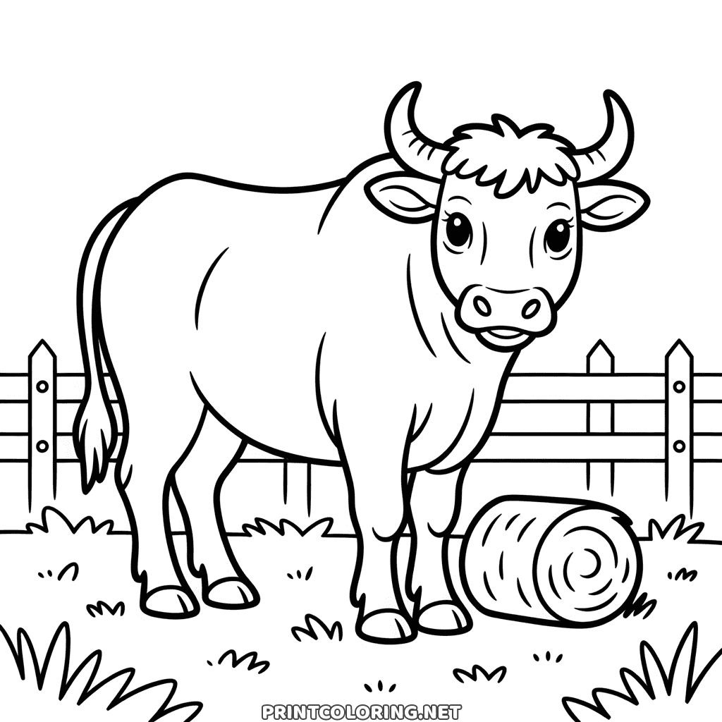 Big curved horns, a wooden farm fence and a round hay bale around a strong ox to color