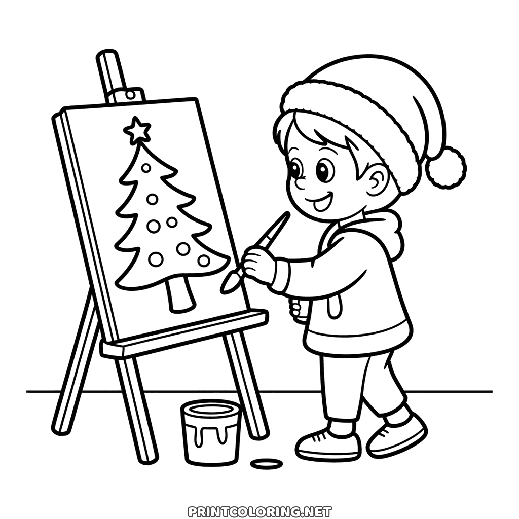 A free drawing to color of a child at an easel painting a small Christmas tree on canvas