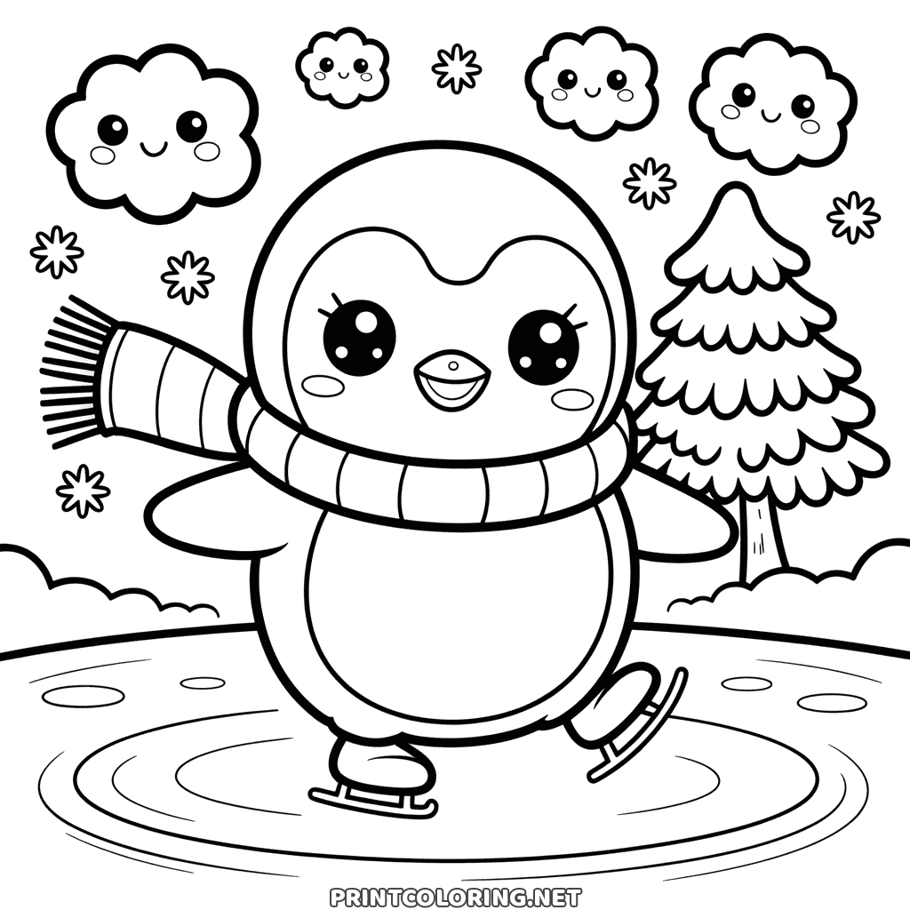 Kawaii pingvin som åker skridskor i halsduk under leende moln, söt vintermålarbild