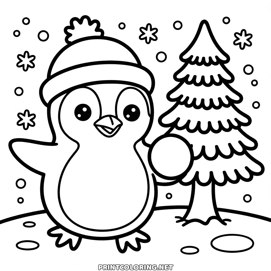 Winter penguin coloring page: a round penguin in a bobble hat waving beside a fir tree