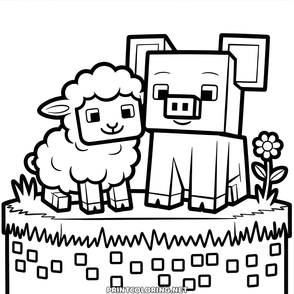 Minecraft pig and sheep coloring page: a blocky pig and a woolly sheep on a grass block