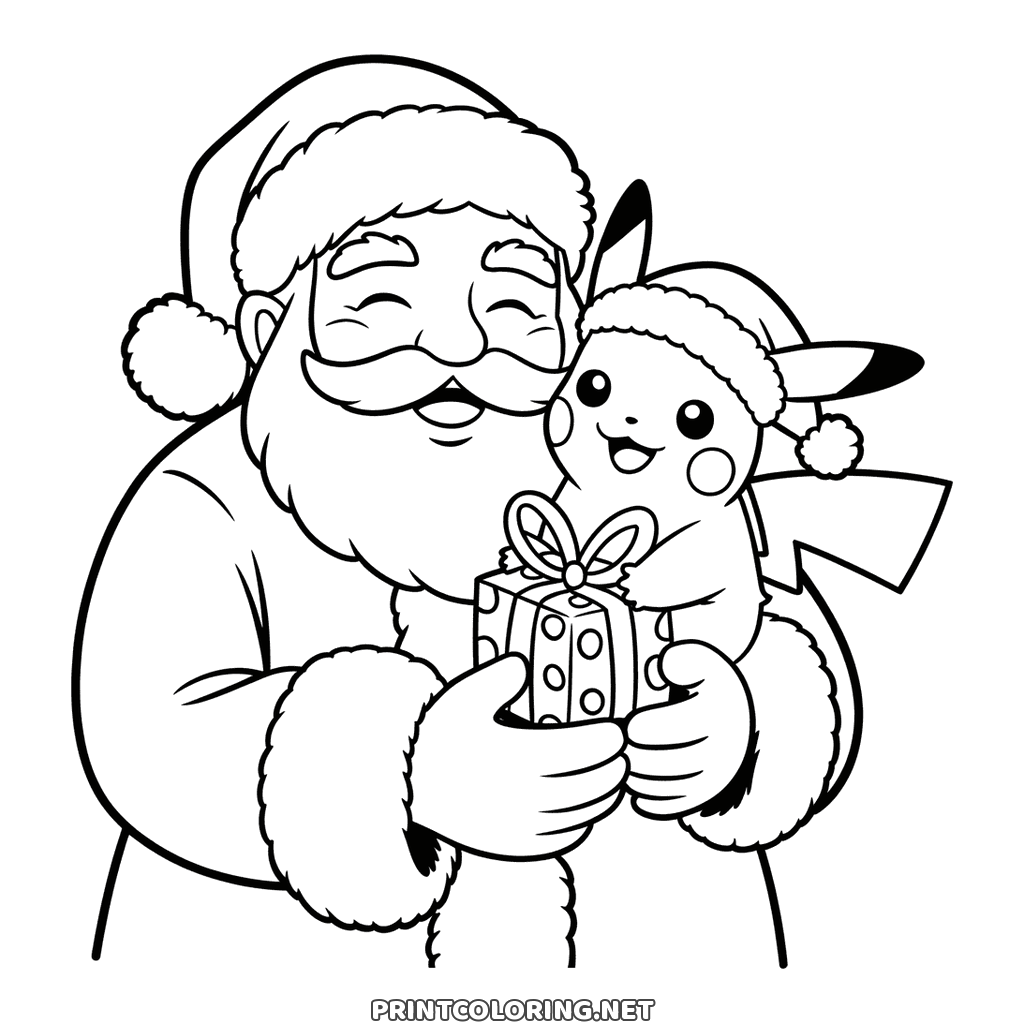 Pokémon Christmas coloring page: Santa holding Pikachu and a small wrapped gift