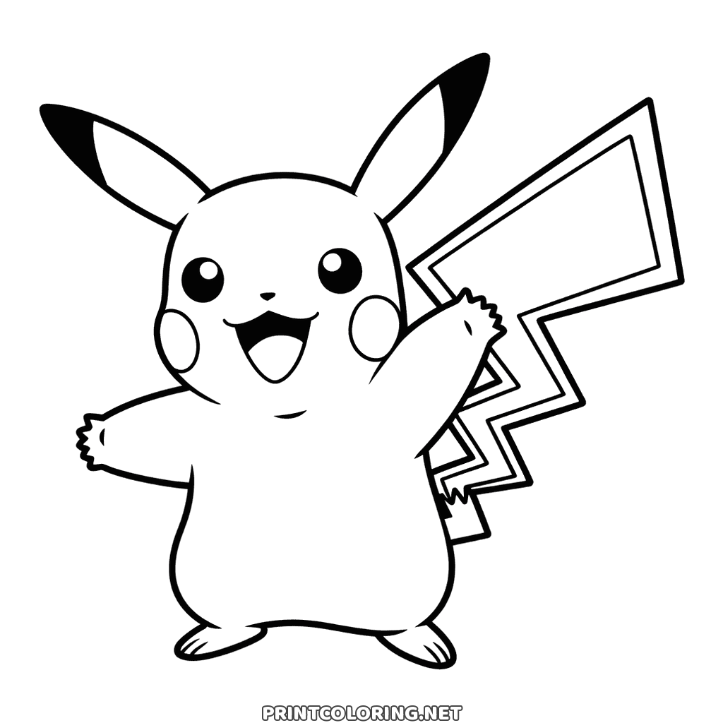 Pokémon Pikachu coloring page: standing with both arms out and his lightning bolt tail up