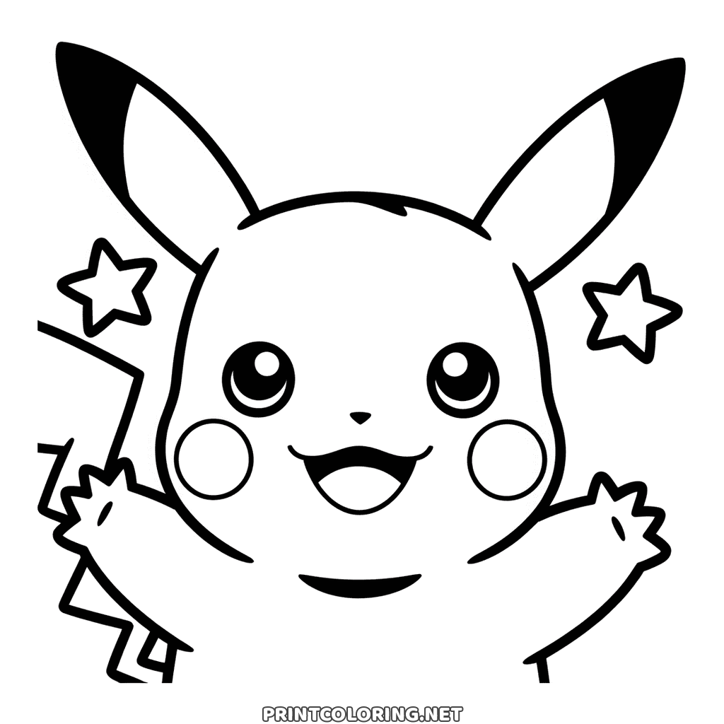 Pokémon Pikachu face coloring page: a close-up filling the sheet with two stars beside it