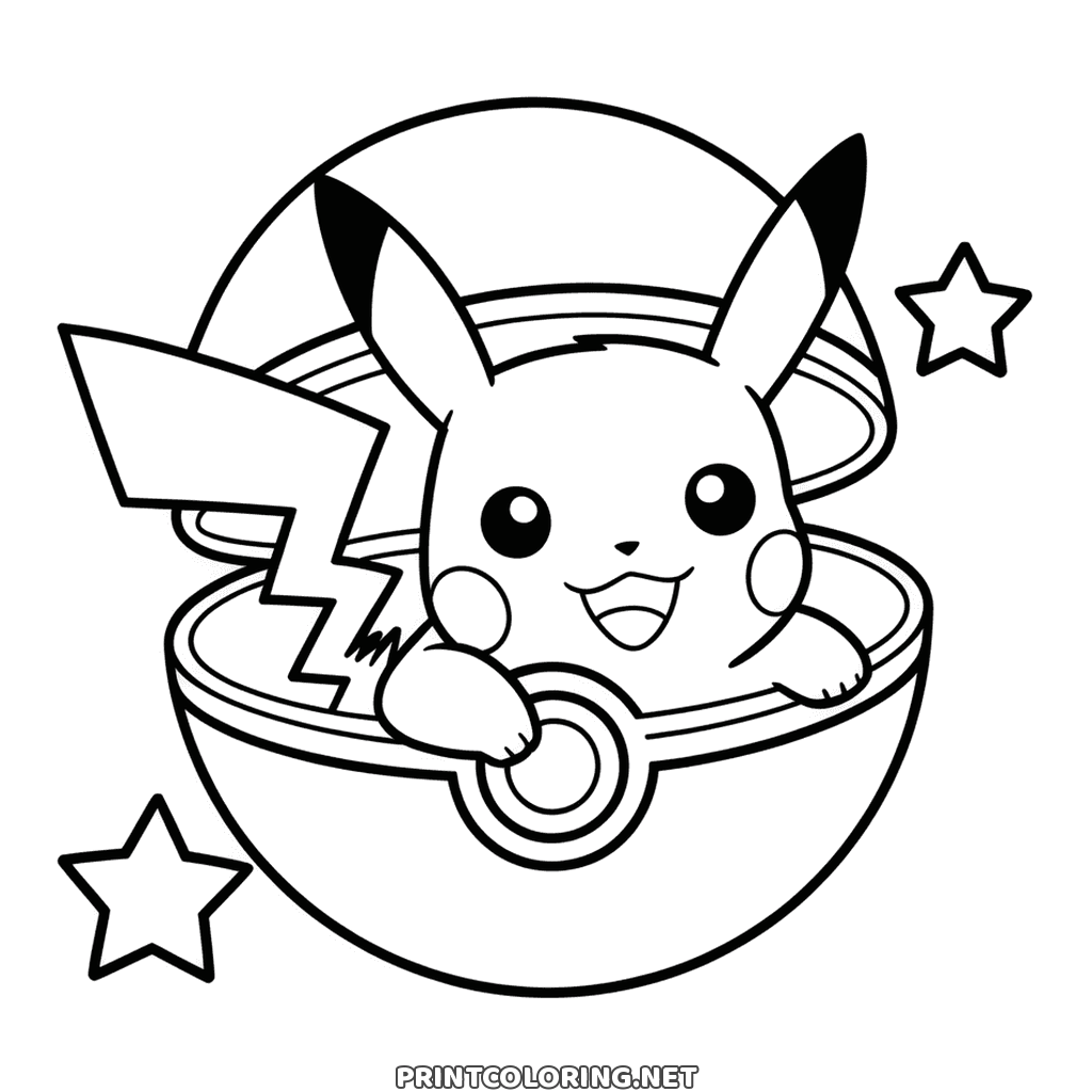 Pokémon Pikachu in a Poke Ball coloring page: sitting inside the open ball with two stars