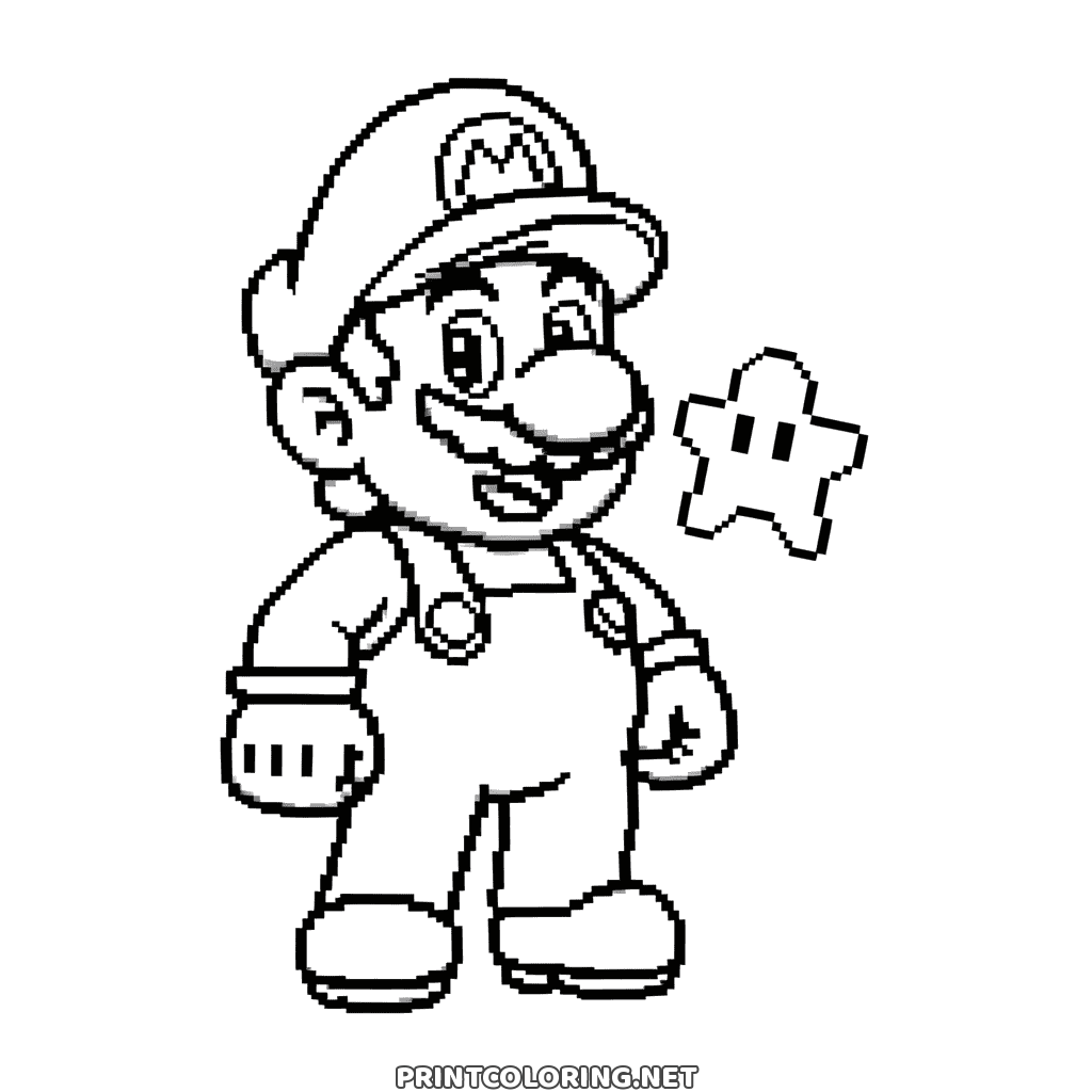 Pixel-Art Ausmalbild zum Ausdrucken: Super Mario mit gezackten Pixellinien gezeichnet, mit einem Stern