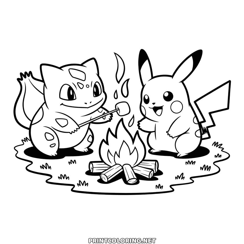 Pokémon coloring page: Bulbasaur and Pikachu toasting marshmallows over a campfire