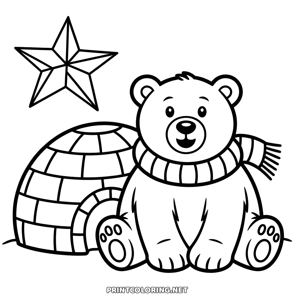 A polar bear in a striped scarf beside his igloo, easy Christmas page to color