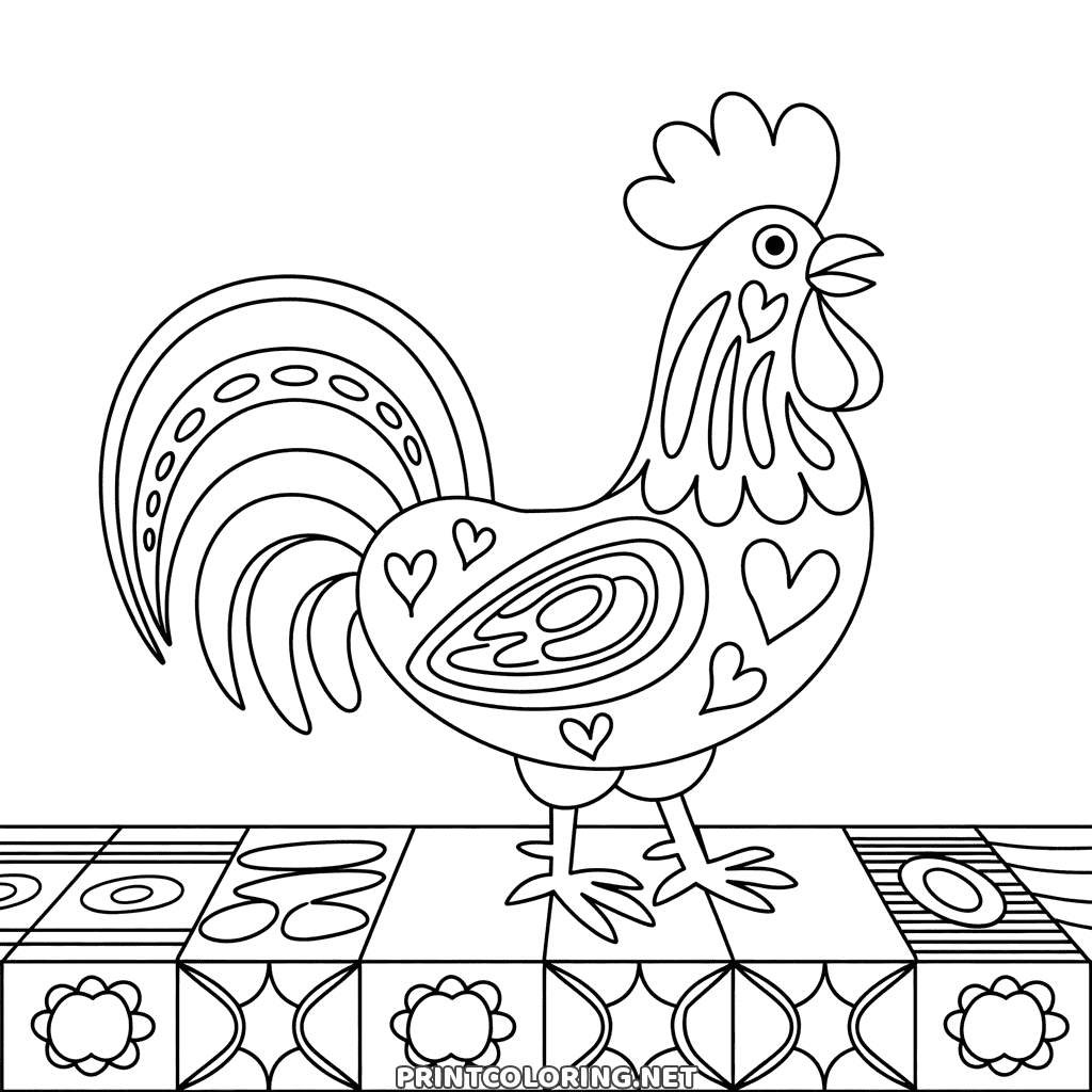 Portuguese rooster coloring page: a folk art rooster with hearts standing on patterned tiles
