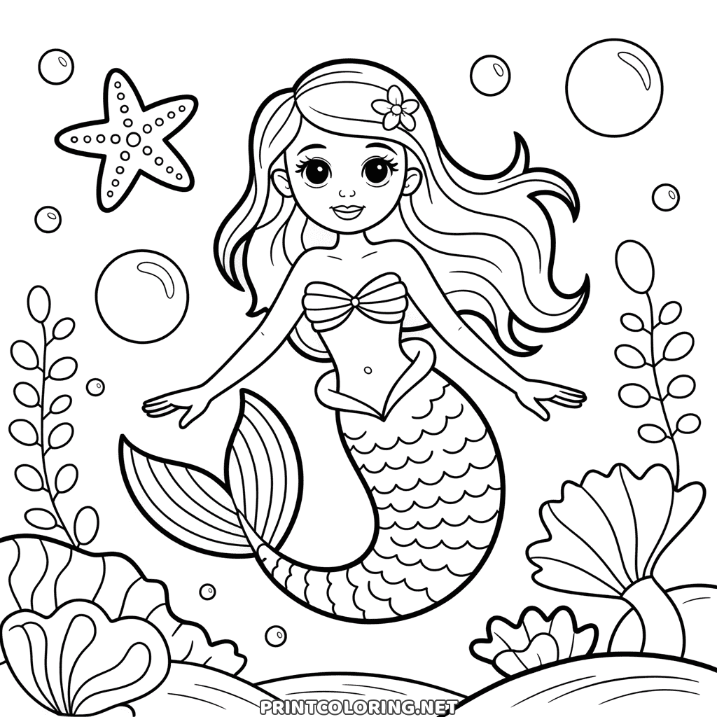Pretty mermaid with flowing hair swimming above coral and seaweed, on a coloring page for kids