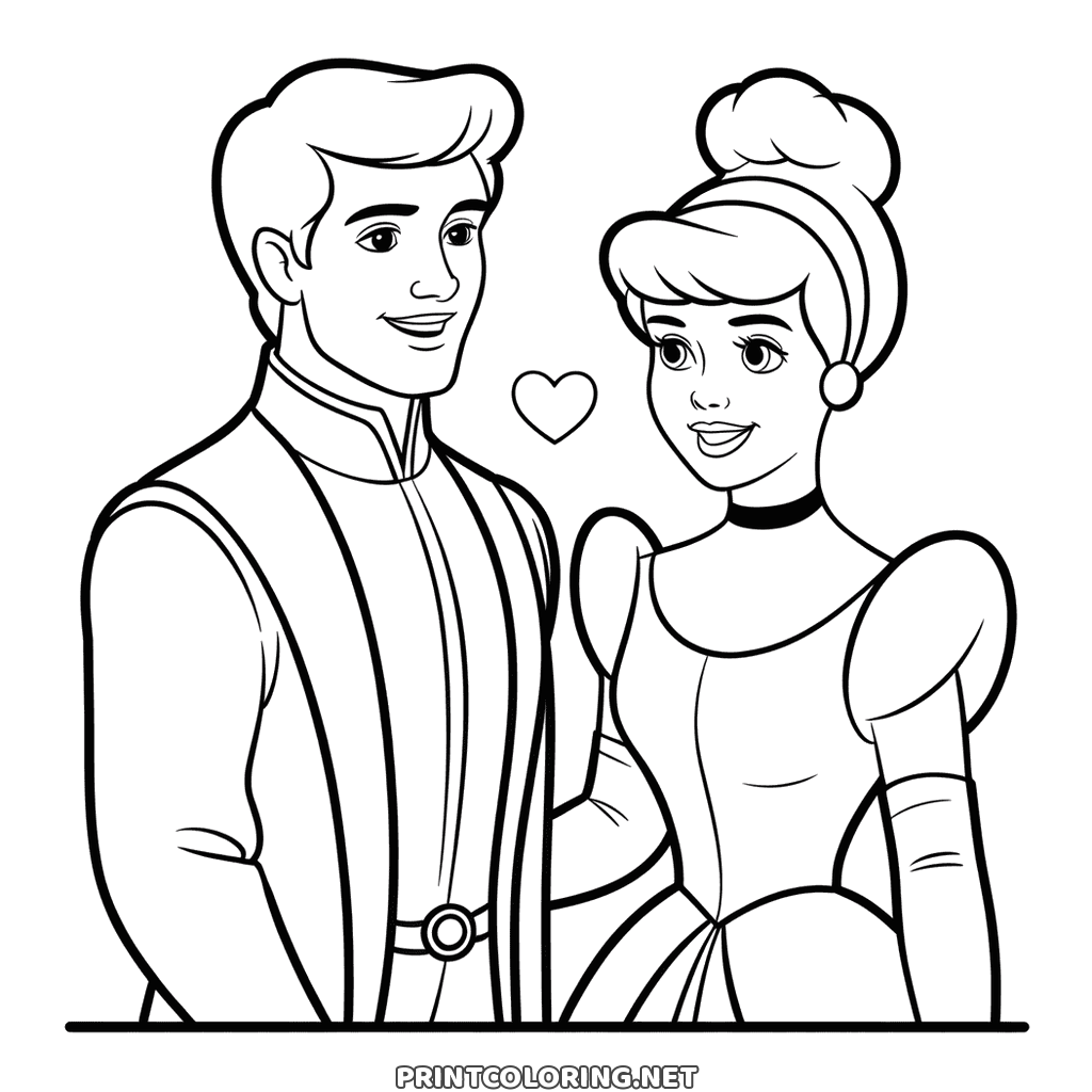 Princess and prince coloring page: standing side by side with a heart above them