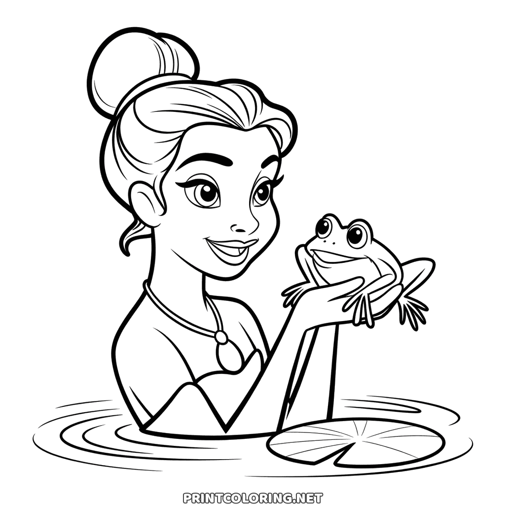 Princess and the frog coloring page: leaning over a lily pad with a frog on it
