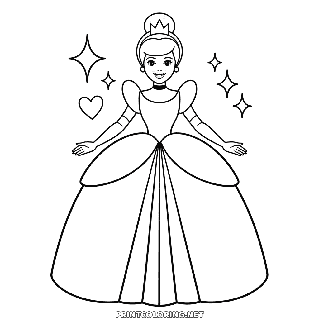 Princess Cinderella coloring page: in a small crown and her ball gown, arms open, a heart and sparkles