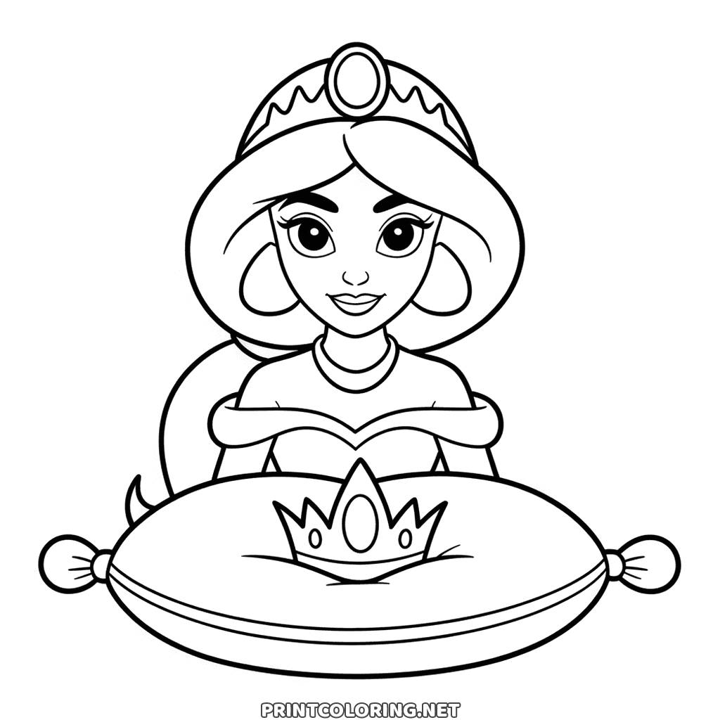 Princess crown coloring page: a tiara on a round cushion with jewels along the band