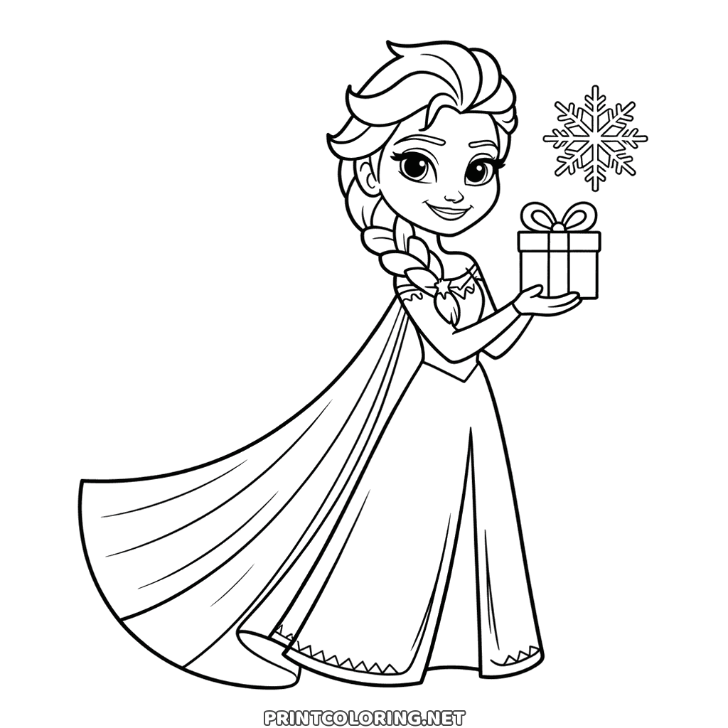 Princess Elsa Christmas coloring page: holding out a wrapped gift with a snowflake