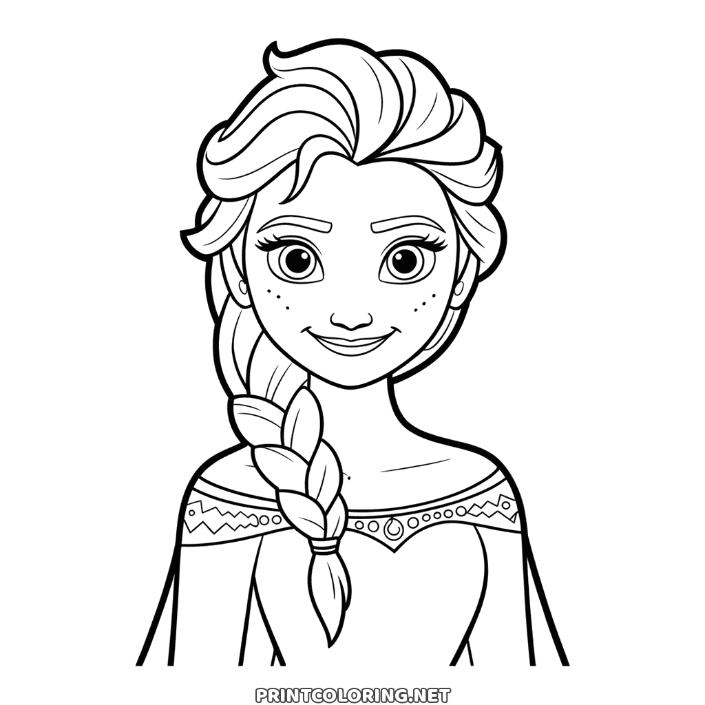 Princess Elsa coloring page: a close-up portrait with her braid over one shoulder