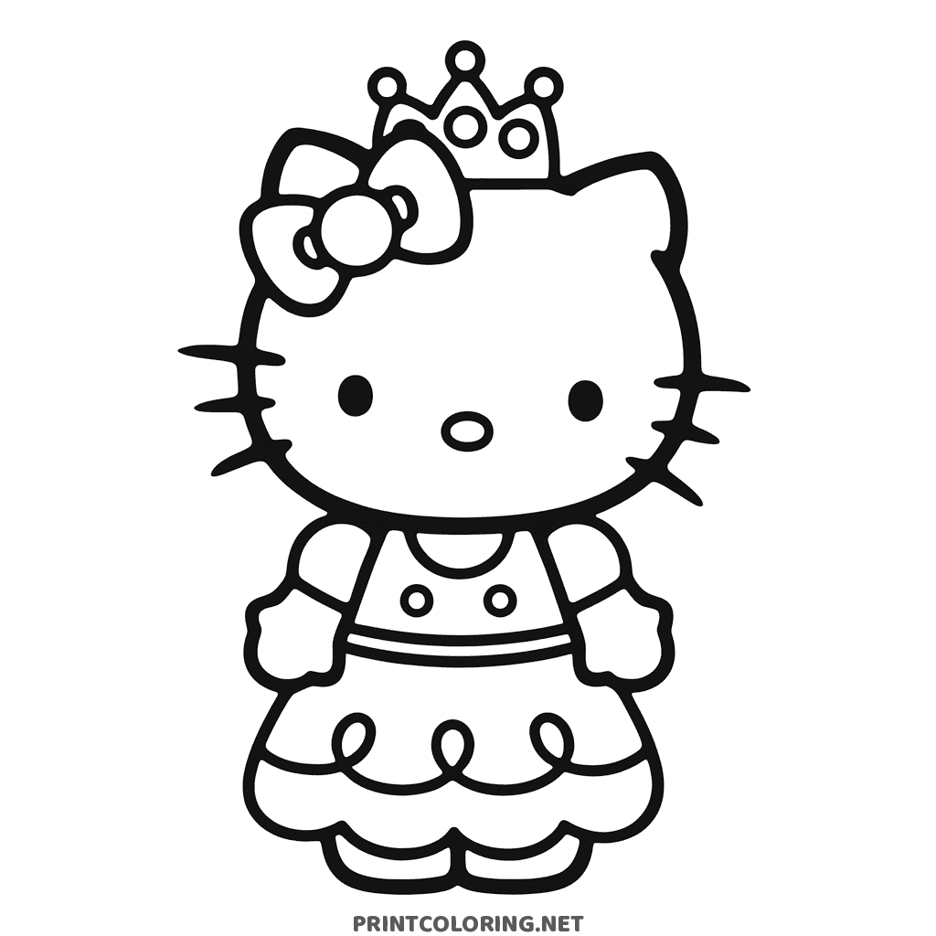 Princess Hello Kitty coloring page wearing a crown and a ruffled dress