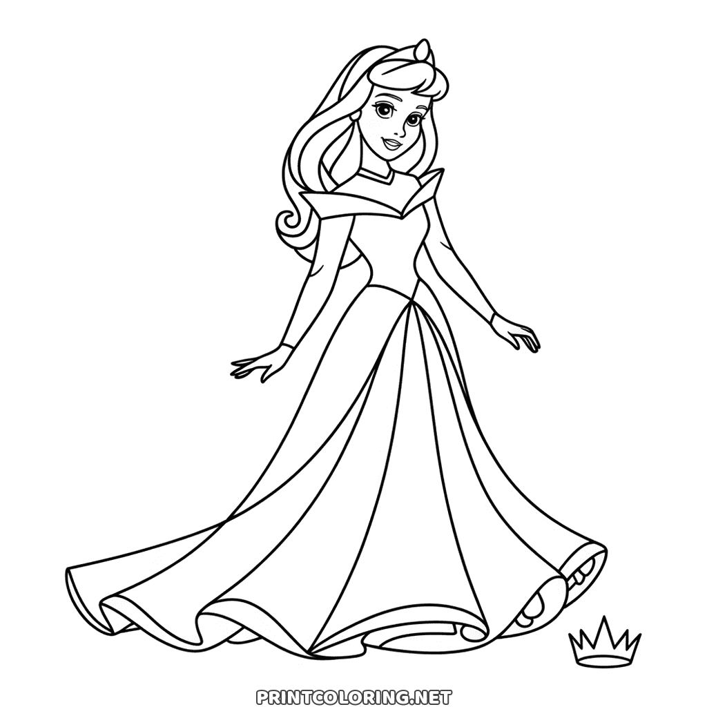 Princess in a gown coloring page: standing in a long gown with a crown at her feet
