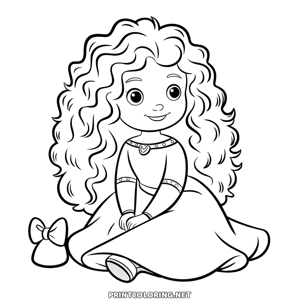 Princess Merida coloring page: sitting in a long dress with curls falling everywhere