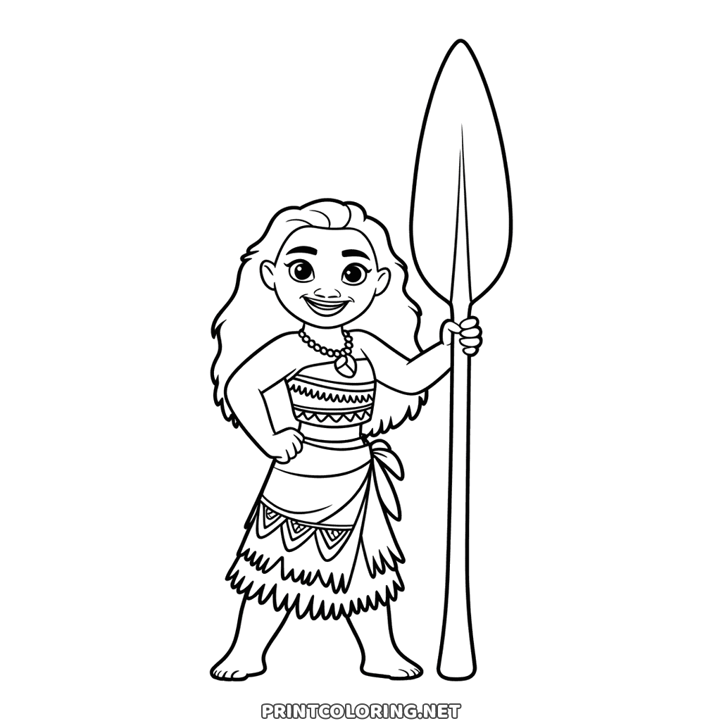 Princess Moana coloring page: standing with an oar held upright and a star beside her