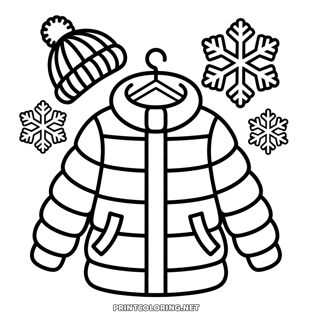 Puffy coat coloring page with a zip and pockets on a hanger, a bobble hat and three winter snowflakes