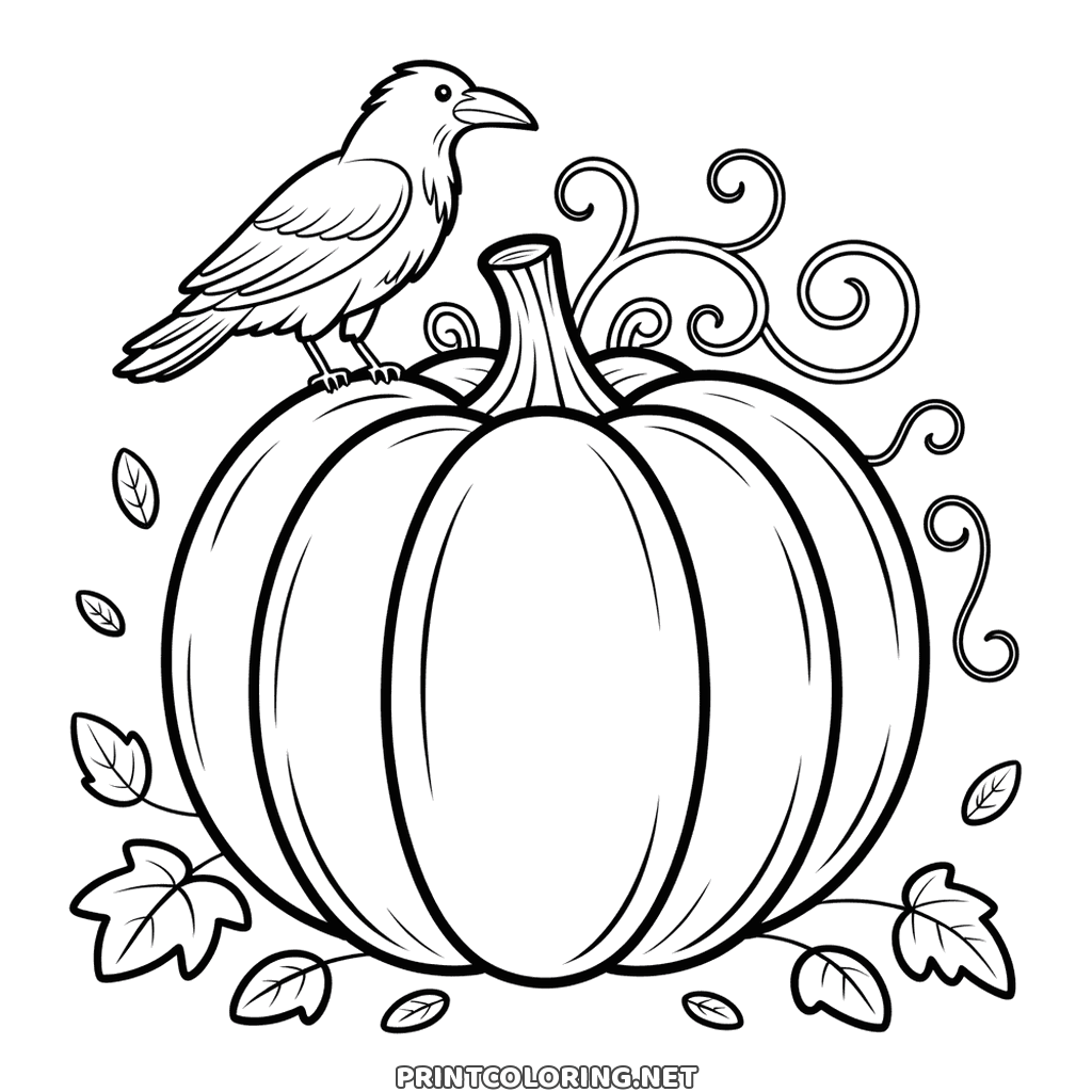 Detailed Halloween pumpkin to color with a crow on its stem, vines and fallen leaves