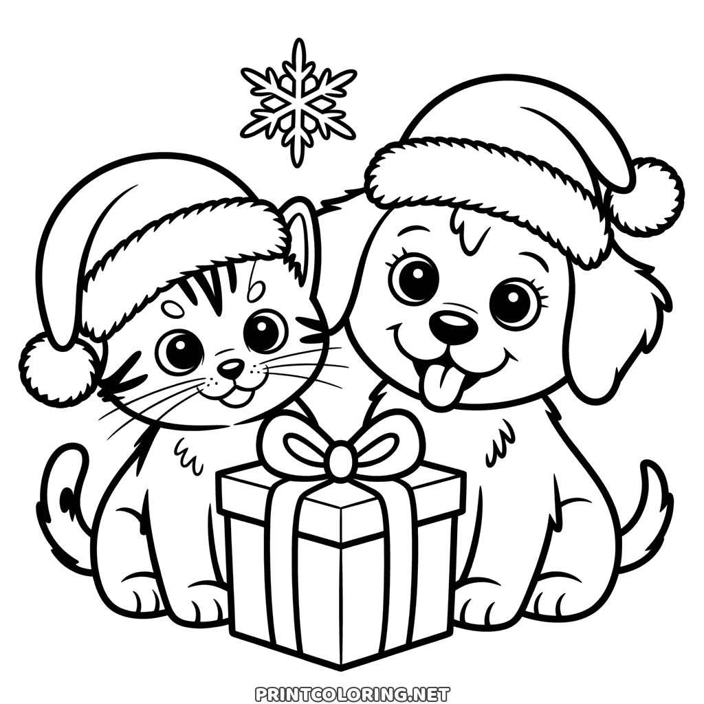 Welpe und Kätzchen Weihnachten Ausmalbild: zwei Haustiere mit Mützen hinter einem Geschenk