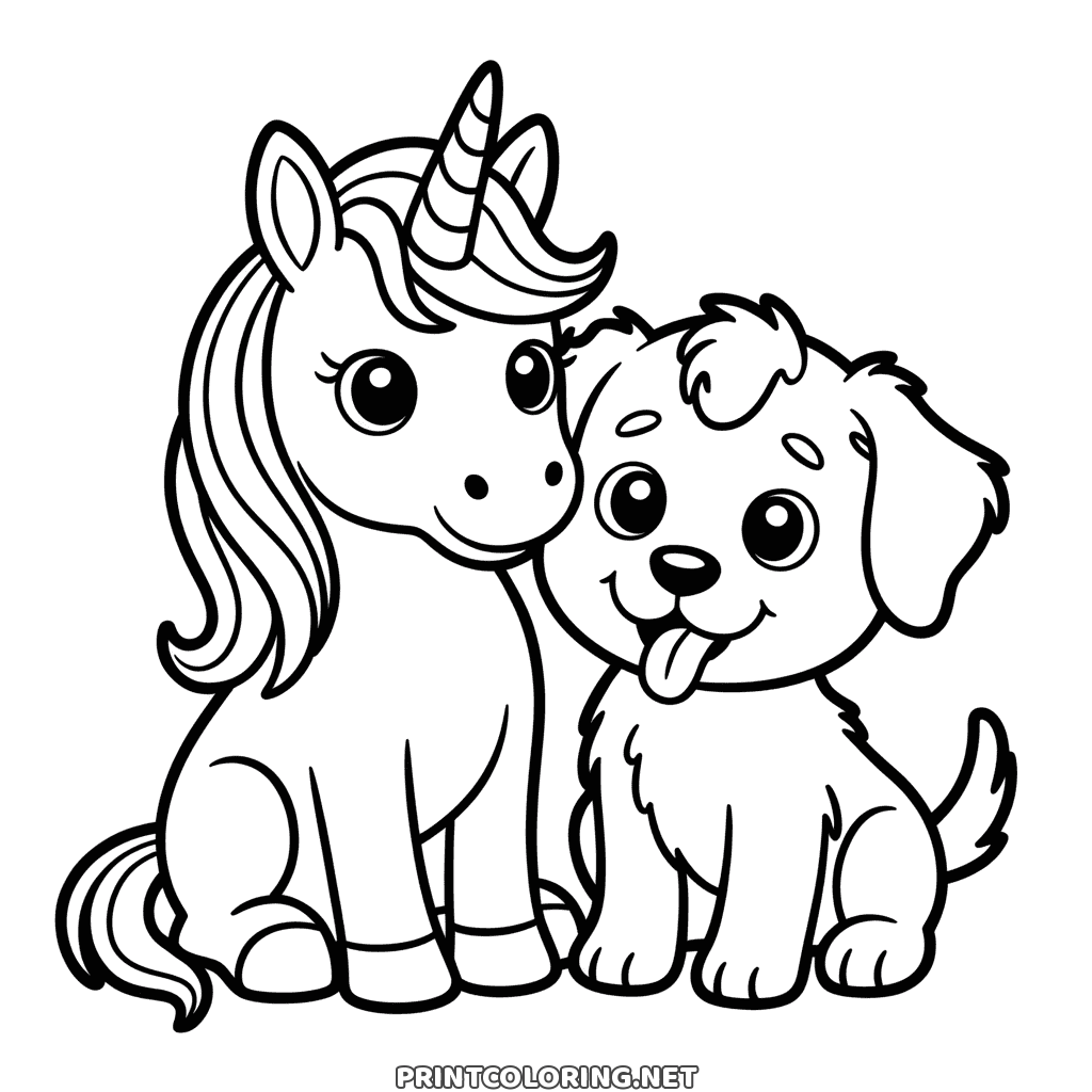 Unicorn and fluffy puppy sitting side by side, the puppy's tongue out, unicorn and dog coloring page